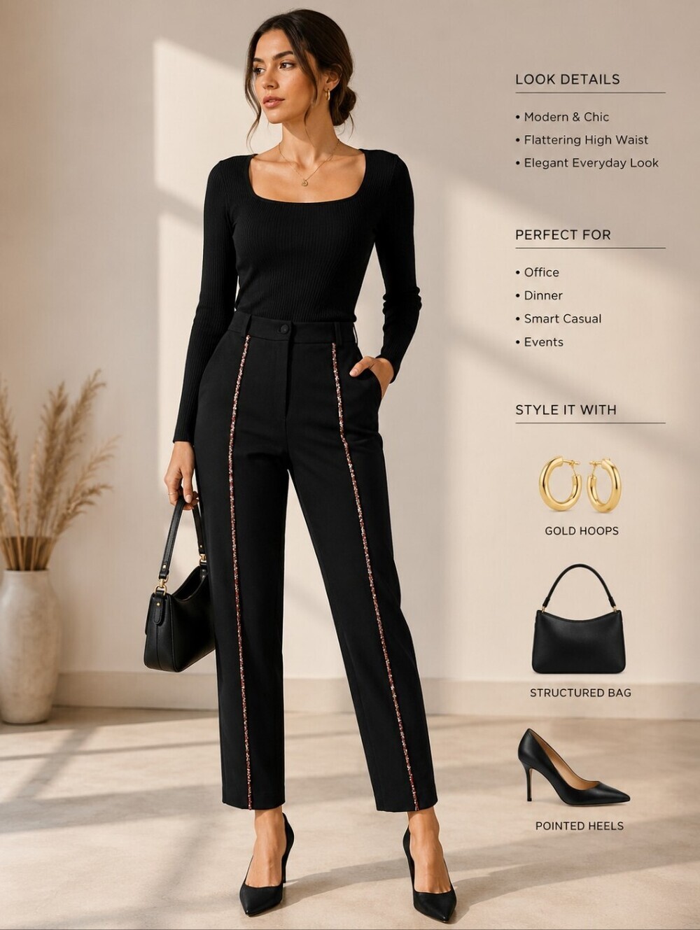 Sarah Baadarani High-Waist Black Straight-Leg Pants with Contrast Stitching